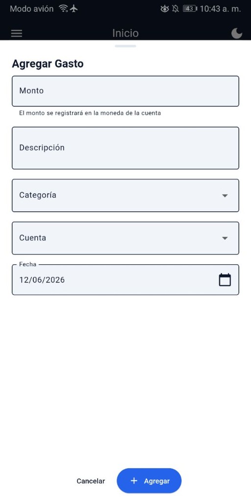 Formulario agregar gasto